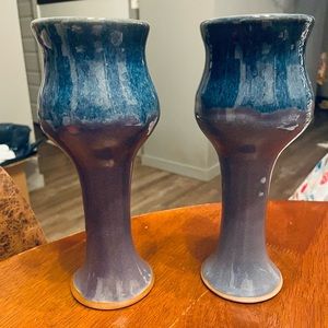 Set Of 2 stoneware Goblets Purple Blue Pottery Decorative Decor